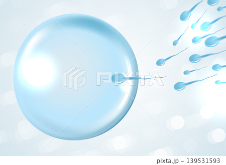 3D illustration of human sperm cells swimming towards female egg. Medical concept of human reproduction, artificial insemination, IVF, fertilization and pregnancy on abstract blue bokeh background. 3D illustration of human sperm cells swimming towards female egg. Medical concept of human reproduction, artificial insemination, IVF, fertilization and pregnancy on abstract blue bokeh background. 139531593