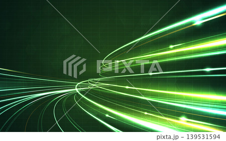Abstract futuristic green light trails on dark hexagon grid background. High speed digital data flow, fiber optic network connection, cyberspace energy stream and modern technology concept design. 139531594