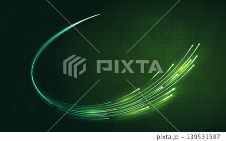 Abstract futuristic green light trails on dark hexagon grid background. High speed digital data flow, fiber optic network connection, cyberspace energy stream and modern technology concept design. Abstract futuristic green light trails on dark hexagon grid background. High speed digital data flow, fiber optic network connection, cyberspace energy stream and modern technology concept design. 139531597