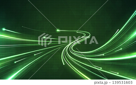 Abstract futuristic green light trails on dark hexagon grid background. High speed digital data flow, fiber optic network connection, cyberspace energy stream and modern technology concept design. Abstract futuristic green light trails on dark hexagon grid background. High speed digital data flow, fiber optic network connection, cyberspace energy stream and modern technology concept design. 139531603