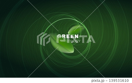 Abstract futuristic green technology concept background with glowing 3D leaves and digital swirling light lines. Eco-friendly, sustainable energy, nature conservation and environment protection design 139531610