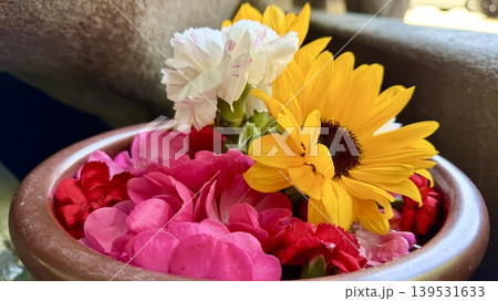 5月のカラフルな花手水(向日葵・カーネーション・薔薇)〈菅生神社/愛知県岡崎市〉 5月のカラフルな花手水(向日葵・カーネーション・薔薇)〈菅生神社/愛知県岡崎市〉 139531633
