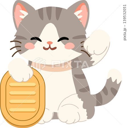 Kawaii gray tabby maneki neko waving paw with gold coin for everyday lucky charm 139532051