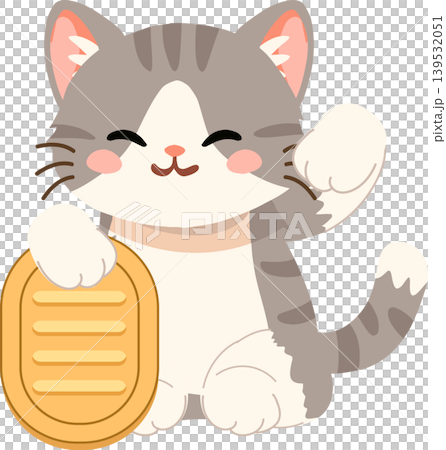 Kawaii gray tabby maneki neko waving paw with gold coin for everyday lucky charm 139532051