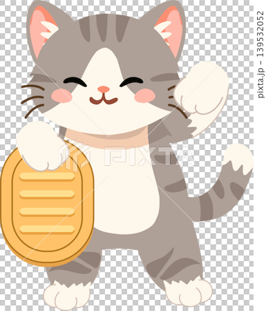 Adorable cartoon fortune cat mascot maneki neko standing with gold coin Adorable cartoon fortune cat mascot maneki neko standing with gold coin 139532052