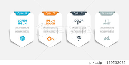 Modern business infographic template with four vertical options, ribbons, icons and placeholder text. Vector illustration. 139532083