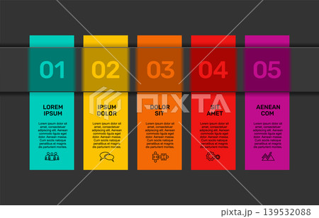 Modern business infographic template with five colorful vertical banners, icons on a dark background. Vector illustration. Modern business infographic template with five colorful vertical banners, icons on a dark background. Vector illustration. 139532088