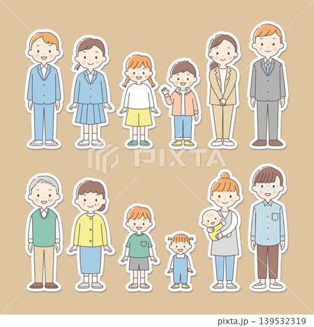 様々な人々の全身イラストセット 枠と影あり 様々な人々の全身イラストセット 枠と影あり 139532319