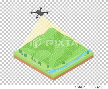 An illustration of digital mapping that analyzes terrain using drone photography and scanning. 139532362