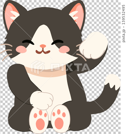 cute tuxedo cat kitten waving paw. sitting happily with raised paw cute tuxedo cat kitten waving paw. sitting happily with raised paw 139532495