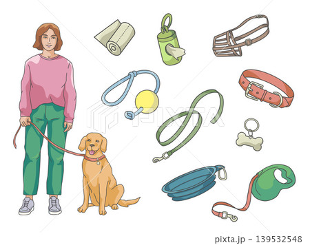 Dog walking accessories set with owner, Labrador, leash, collar and muzzle 139532548
