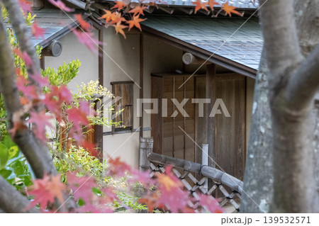 紅葉越しに見える瓦屋根の日本家屋 139532571