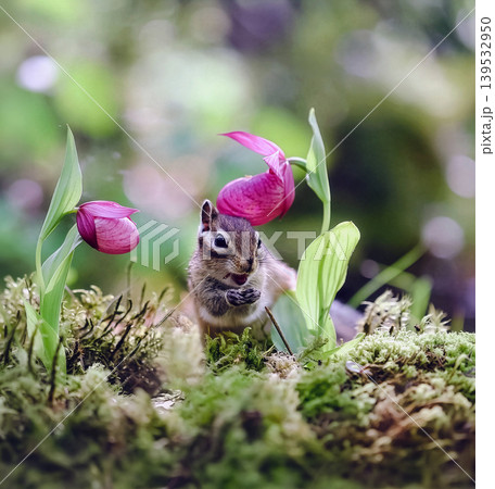 Chipmunk feeding on forest floor among lady's slipper orchids Chipmunk feeding on forest floor among lady's slipper orchids 139532950