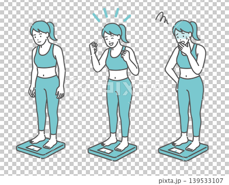 A set of illustrations of an adult woman having her weight measured (standard build, 3 facial expressions). A set of illustrations of an adult woman having her weight measured (standard build, 3 facial expressions). 139533107