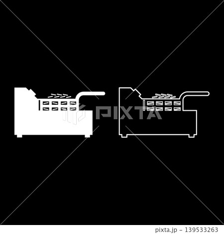 Deep fryer with mesh basket handle and french frie kitchen appliance for fast food concept roast product in hot oil Air fryer set icon white color vector illustration image solid fill outline contour 139533263