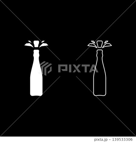 Bottle of champagne shot cork with splash set icon white color vector illustration image solid fill outline contour line thin flat style Bottle of champagne shot cork with splash set icon white color vector illustration image solid fill outline contour line thin flat style 139533306