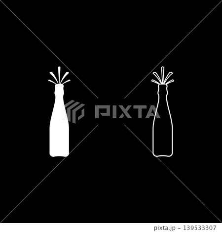 Bottle of champagne shot cork with direct splashs set icon white color vector illustration image solid fill outline contour line thin flat style Bottle of champagne shot cork with direct splashs set icon white color vector illustration image solid fill outline contour line thin flat style 139533307