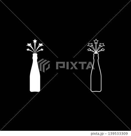 Bottle of champagne splash with stars set icon white color vector illustration image solid fill outline contour line thin flat style Bottle of champagne splash with stars set icon white color vector illustration image solid fill outline contour line thin flat style 139533309