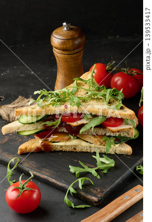 Grilled chicken sandwich with fresh tomatoes, cucumbers, arugula and sauces on toasted bread Grilled chicken sandwich with fresh tomatoes, cucumbers, arugula and sauces on toasted bread 139533417