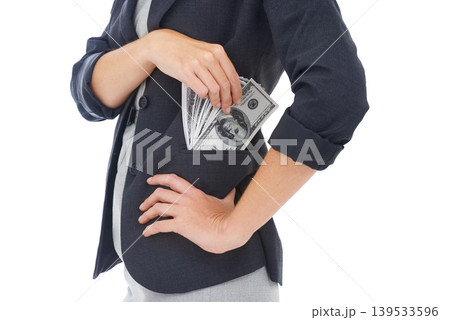 Cash, pocket or hands businesswoman in studio for illegal payment, corruption deal or secret scam. Closeup, white background or financial manager with dollars for bribery, fraud or money laundering 139533596