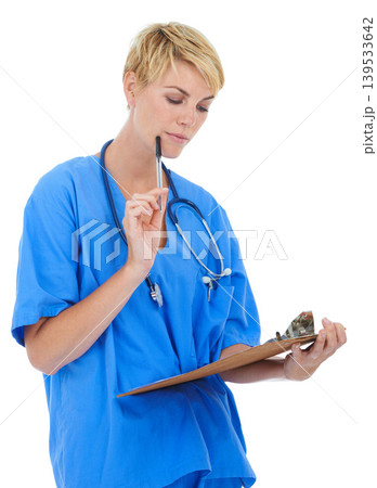 Doctor, woman thinking and checklist in studio for medical research, assessment or clinic documents. healthcare worker or nurse with service solution, clipboard and paperwork on a white background 139533642