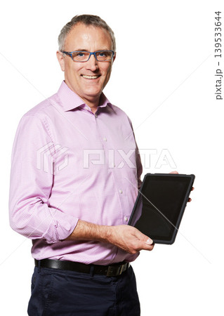 MAture business man, tablet and mockup with screen, tech promo or company website ads on white background. Portrait, UX and connectivity, professional advertising with IOT and digital info in studio 139533644