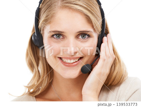 Woman, call center and face portrait in studio for customer support, CRM questions and IT contact on white background. Happy telemarketing agent, consultant and microphone for FAQ, advice and sales Woman, call center and face portrait in studio for customer support, CRM questions and IT contact on white background. Happy telemarketing agent, consultant and microphone for FAQ, advice and sales 139533773