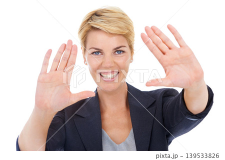 Businesswoman, hands and frame in studio portrait, professional and smile for profile picture. Female person, happy and perspective for photography by white background, vision and picture for career 139533826