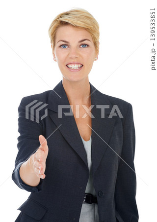 Businesswoman, handshake offer and portrait in studio, recruitment and welcome to company interview. Female person, hiring manager and hr employee by white background, meeting and face for onboarding 139533851