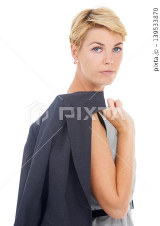 Business woman, portrait and lawyer with professional confidence of employee in studio. Corporate fashion, blazer and female worker with stylish and career style of staff with white background 139533870