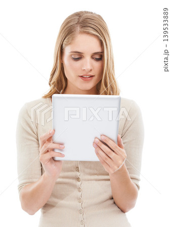 Woman, reading and tablet in studio with social networking, online blog and tech app with white background. News, email and digital scroll with information for web search, media and internet article 139533889