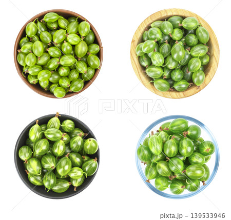 Fresh green gooseberries in bowls set, top view isolated on white Fresh green gooseberries in bowls set, top view isolated on white 139533946