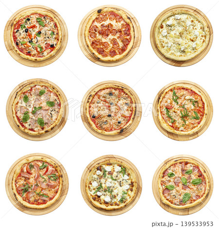 Set of different pizzas isolated on white background, top view 139533953