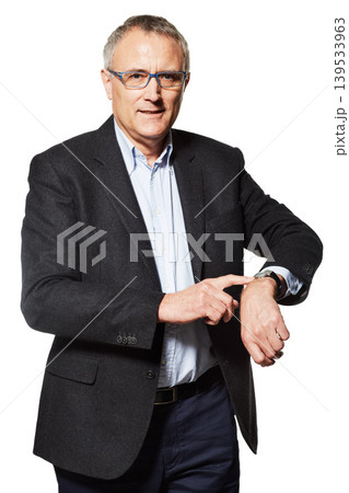 Senior executive, business man and watch, pointing with schedule and time management on white background. Agenda, calendar and clock with accountant in studio, tasks and tracking for deadline Senior executive, business man and watch, pointing with schedule and time management on white background. Agenda, calendar and clock with accountant in studio, tasks and tracking for deadline 139533963