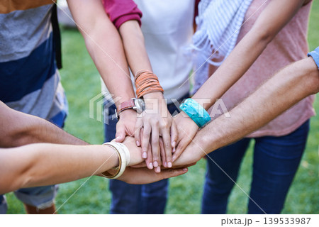People, teamwork and hands together of friends outdoor for support, solidarity or mission of success, synergy or winning. Closeup, community group or collaboration at park for trust, kindness or help 139533987
