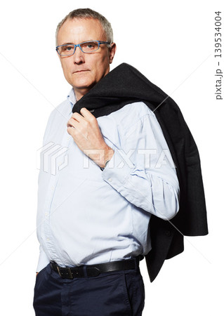 Business man, senior executive and portrait in studio with confidence, glasses and vision for company on white background. CEO, boss and power with mission, corporate employer and expert architect 139534004
