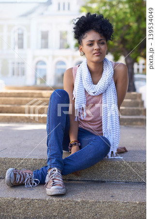 Student, thinking and woman on steps at college, campus and planning future, project or idea. University, academy and person with decision, choice or sitting on stairs at school with problem solving Student, thinking and woman on steps at college, campus and planning future, project or idea. University, academy and person with decision, choice or sitting on stairs at school with problem solving 139534049