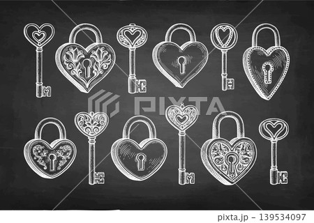 Heart shaped padlocks and keys. Chalk sketches. Heart shaped padlocks and keys. Chalk sketches. 139534097