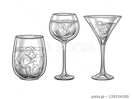 Three hand-drawn cocktail glasses ink sketch 139534100