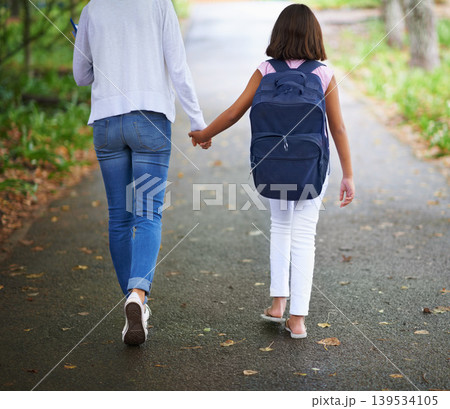 Woman, teacher and walking student to school in park or outdoor forest for support or responsibility. Rear view of female person or educator holding hands with learner, kid or young child in nature Woman, teacher and walking student to school in park or outdoor forest for support or responsibility. Rear view of female person or educator holding hands with learner, kid or young child in nature 139534105