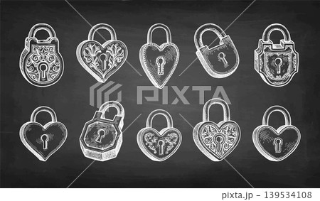 Collection of vintage padlocks. Chalk sketches. Collection of vintage padlocks. Chalk sketches. 139534108