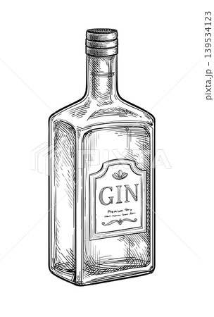Hand-drawn ink sketch of gin bottle with label. 139534123
