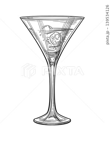 Drawing of elegant glass with drink and ice cubes 139534126