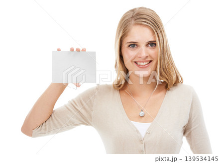 Portrait, woman and review with blank poster, promotion and opportunity isolated on white studio background. Face, person and model with mockup space, announcement or billboard with feedback or smile 139534145