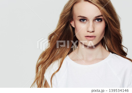 Woman, confidence and hair in studio portrait, keratin treatment and pride for results by white background. Female model person, beauty and aesthetic makeup, face and hairstyle care or cosmetics 139534146