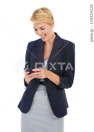 Phone, white background or happy businesswoman on social media to chat on internet notification. News update, smile or female entrepreneur in studio texting, networking or typing online on mobile app Phone, white background or happy businesswoman on social media to chat on internet notification. News update, smile or female entrepreneur in studio texting, networking or typing online on mobile app 139534228