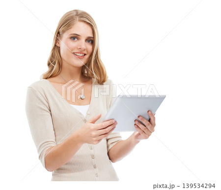 Portrait, smile and woman with a tablet, typing and internet isolated on a white studio background. Face, person and model with technology, mockup space and social media with digital app and network 139534294