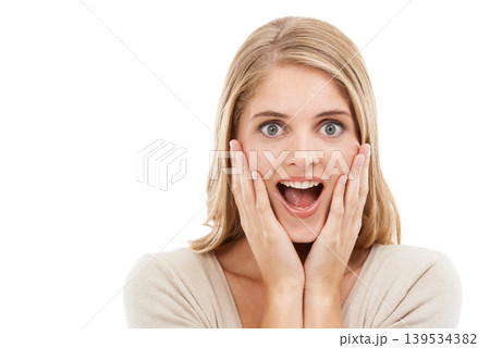 Portrait, smile and surprise with woman, news and reaction isolated on a white studio background. Face, person and model with wow, shocked and facial with emotion, excited and expression with omg Portrait, smile and surprise with woman, news and reaction isolated on a white studio background. Face, person and model with wow, shocked and facial with emotion, excited and expression with omg 139534382