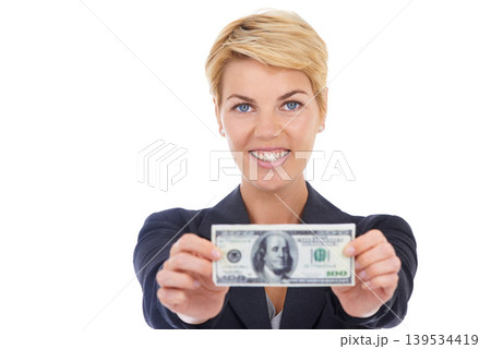 Portrait of business woman with dollar, offer and bonus cash prize giveaway isolated on white background. Money bills, budget and economic resources, lady with financial freedom or payment in studio. Portrait of business woman with dollar, offer and bonus cash prize giveaway isolated on white background. Money bills, budget and economic resources, lady with financial freedom or payment in studio. 139534419