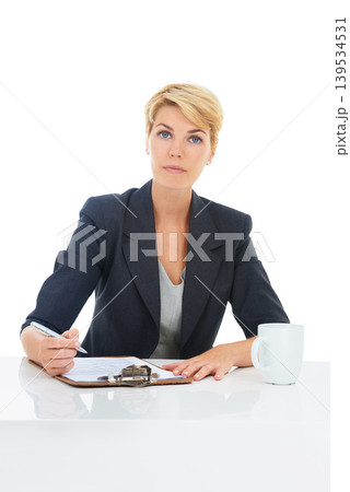 Business woman, documents and portrait in studio with legal information, checklist or writing of rules and job policy. Serious lawyer or attorney with clipboard or paperwork on a white background Business woman, documents and portrait in studio with legal information, checklist or writing of rules and job policy. Serious lawyer or attorney with clipboard or paperwork on a white background 139534531